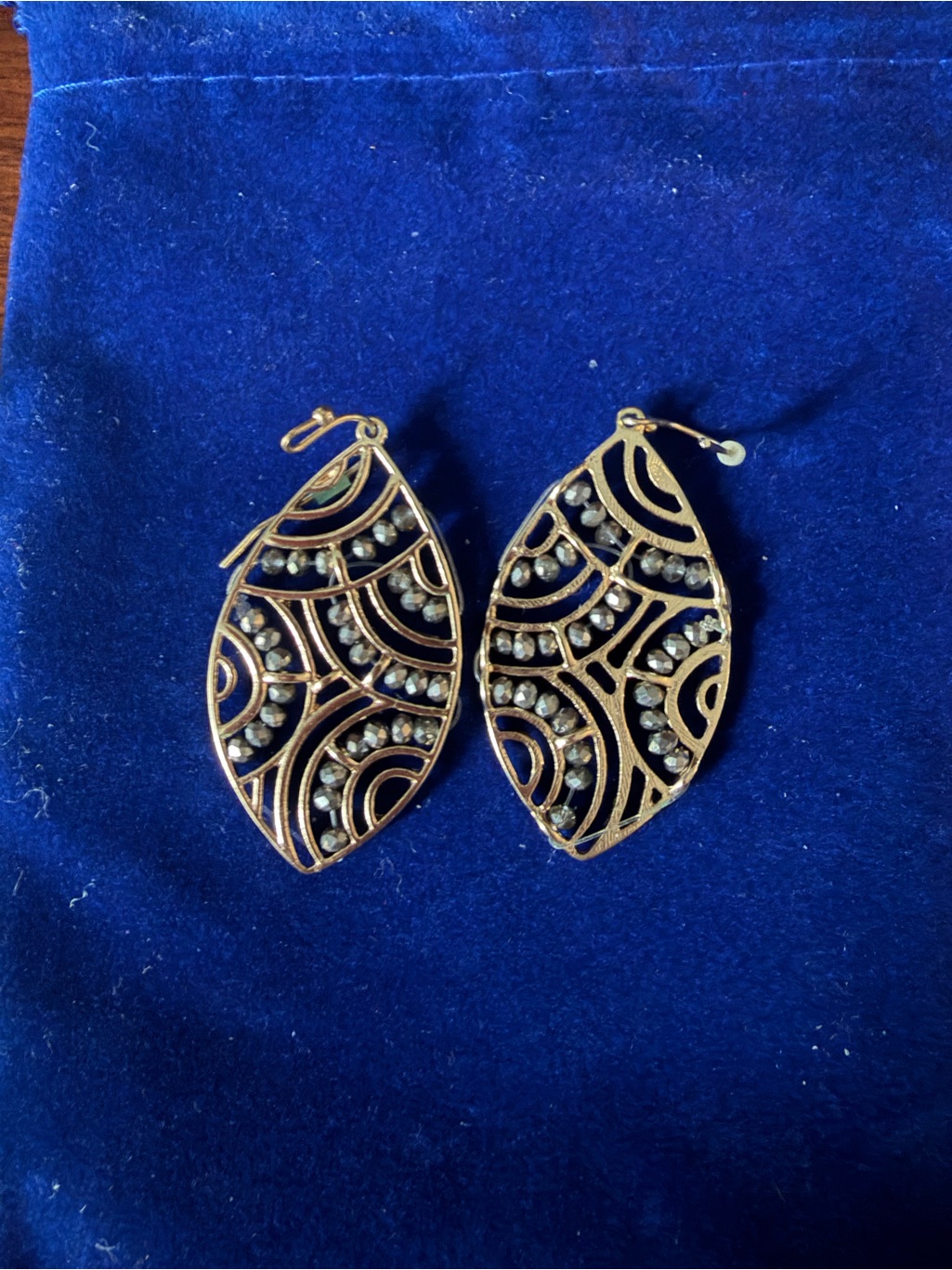 Gold-Tone Black Filigree Teardrop Earrings With Accent Stones